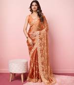 Designer And Graceful Burberry Silk c Orange Girlish Sequins Work Partywear Saree