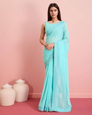Glamorous Sequins Work Style Blue Georgette c Ceremonial Saree 1