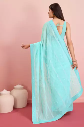 Glamorous Sequins Work Style Blue Georgette c Ceremonial Saree