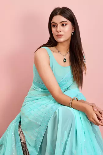 Glamorous Sequins Work Style Blue Georgette c Ceremonial Saree