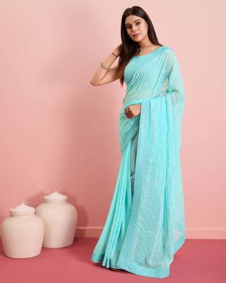 Glamorous Sequins Work Style Blue Georgette c Ceremonial Saree 4