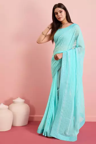 Glamorous Sequins Work Style Blue Georgette c Ceremonial Saree