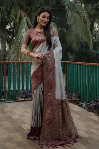 Grey ethnic weaving kanjivaram designer traditional heavy looks partywear ceremonial saree