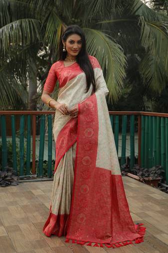 Cream ethnic weaving kanjivaram designer traditional heavy looks partywear ceremonial saree