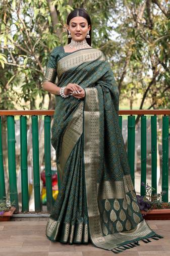 Weaving Bandhej Patola Designer Green Rajasthani Style Ethnic Festive Wear Saree