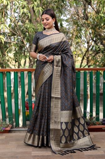 Weaving Bandhej Patola Designer Black Rajasthani Style Ethnic Festive Wear Saree