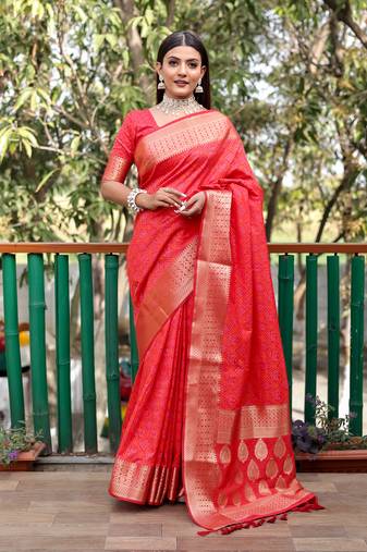 Weaving Bandhej Patola Designer Red Rajasthani Style Ethnic Festive Wear Saree