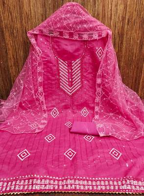 Psvan Pink Chanderi Cotton With Beautiful Embroidery Work Salwar And Dupatta For Women  2
