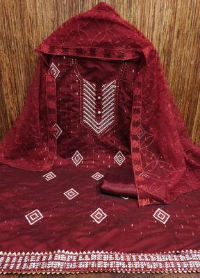Psvan Red Chanderi Cotton With Beautiful Embroidery Work Salwar And Dupatta For Women  2