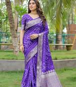 Beautiful blue colour woven designer dola silk saree with rajasthani bandhej print for festive looks