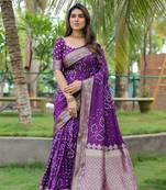 Beautiful Purple Colour Woven Designer Dola Silk Blend Saree With Rajasthani Bandhej Print For Festive Looks