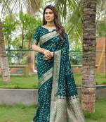 Beautiful Green Colour Woven Designer Dola Silk Blend Saree With Rajasthani Bandhej Print For Festive Looks