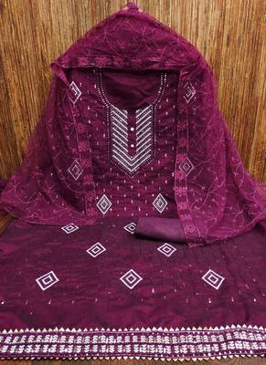 Psvan Wine Chanderi Cotton With Beautiful Embroidery Work Salwar And Dupatta For Women  2