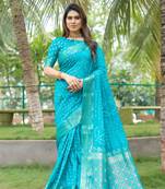 Beautiful Firozi Colour Woven Designer Dola Silk Blend Saree With Rajasthani Bandhej Print For Festive Looks