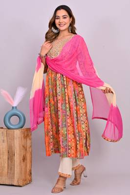 Women'n orange embroidered nayra cut kurta, pant with dupatta 1