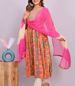 Women'n orange embroidered nayra cut kurta, pant with dupatta