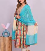 Women'n green embroidered nayra cut kurta, pant with dupatta