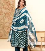 Women's embroidered green mirror work anarkali kurta, pant with dupatta