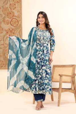 Women's navy blue embroidered anarkali kurta, pant with dupatta 1