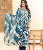 Women's navy blue embroidered anarkali kurta, pant with dupatta