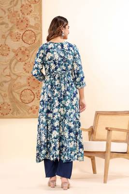 Women's navy blue embroidered anarkali kurta, pant with dupatta 2