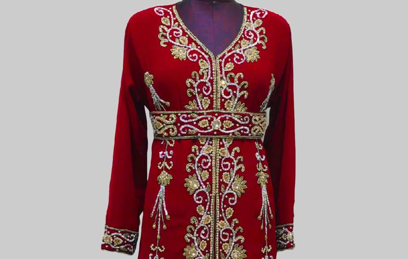 Maroon luxurious Full Sleeves Moroccan Kaftan.