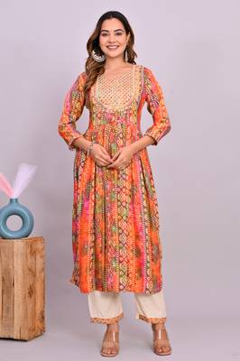 Women'n orange embroidered nayra cut kurta, pant with dupatta 2