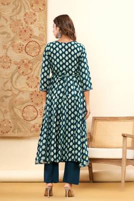 Women's embroidered green mirror work anarkali kurta, pant with dupatta 3