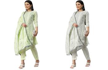 Manvaa Women'S CHARMING Lightgreen And Grey Color Cotton Combo Dress Material 1