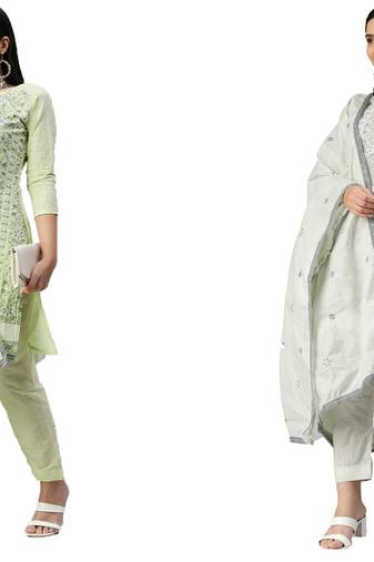 Manvaa Women'S CHARMING Lightgreen And Grey Color Unstitched Cotton Combo Dress Material 