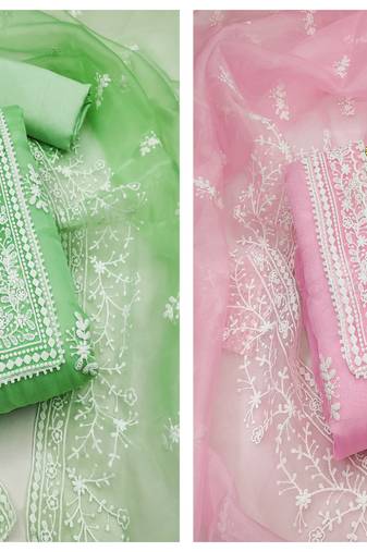 Manvaa Women'S EXCLUSIVE Pink And Light Green Color Unstitched Organja Combo Dress Material 