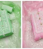 Manvaa Women'S EXCLUSIVE Pink And Light Green Color Unstitched Organja Combo Dress Material 