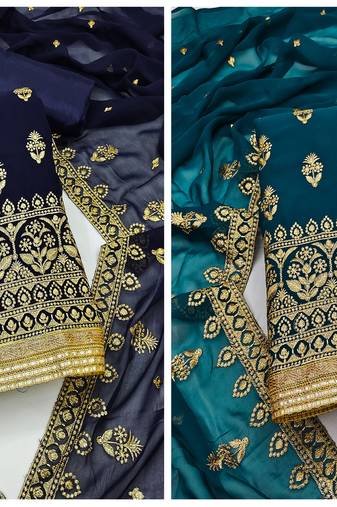 Manvaa Women'S elegant Navyblue And Rama Color Unstitched Heavy Zari Embrodiery Georgette Combo Dress Material 