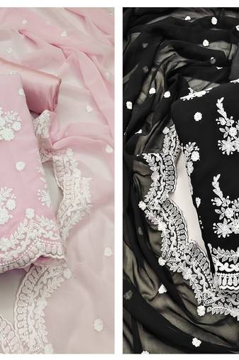 Manvaa Women'S stylish Baby Pink And Black Color Unstitched Georgette Combo Dress Material 