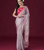 Kasee Women'S Floral Printed Sequin Embellished Satin Saree With Unstitched Blouse Piece