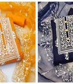 Manvaa Women'S beautiful Blue And Fanta Color Heavy Thread Embrodiery Organza Combo Dress Material