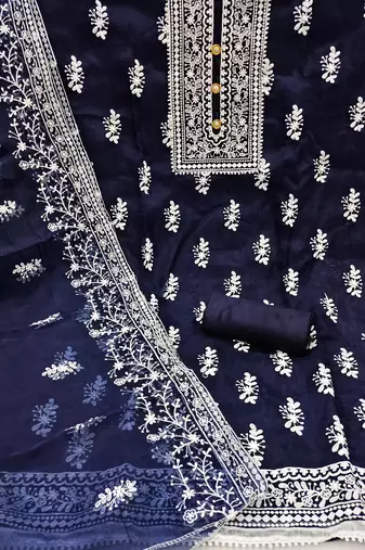 Manvaa Women'S beautiful Blue And Fanta Color Heavy Thread Embrodiery Organza Combo Dress Material