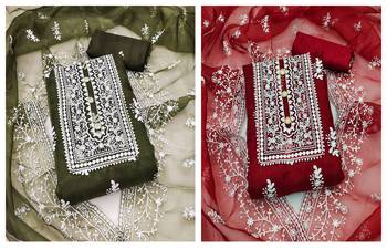 Manvaa Women'S lovely Maroon And Mehandi Color Organza Combo Dress Material 1