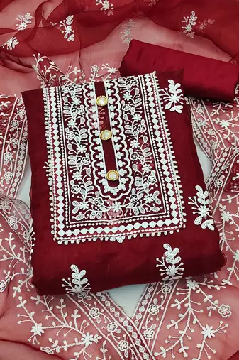 Manvaa Women'S lovely Maroon And Mehandi Color Organza Combo Dress Material