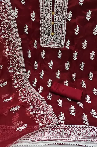 Manvaa Women'S lovely Maroon And Mehandi Color Organza Combo Dress Material