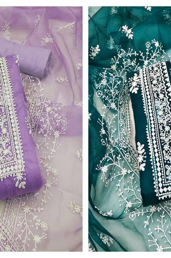 Manvaa Women'S charming Light Purple And Teal Blue Color Unstitched Organza Combo Dress Material 