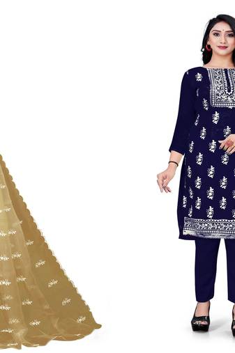 Manvaa Women'S CHARMING Beige And Blue Color Unstitched Heavy Thread Embrodiery  Organza Combo Dress Material 