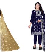 Manvaa Women'S CHARMING Beige And Blue Color Unstitched Heavy Thread Embrodiery Organza Combo Dress Material 