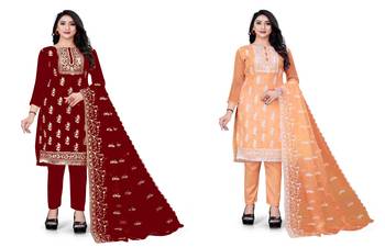 Manvaa Women'S AWSOME Maroon And Orange Color Organza Combo Dress Material 1