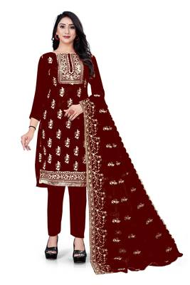 Manvaa Women'S AWSOME Maroon And Orange Color Organza Combo Dress Material 2
