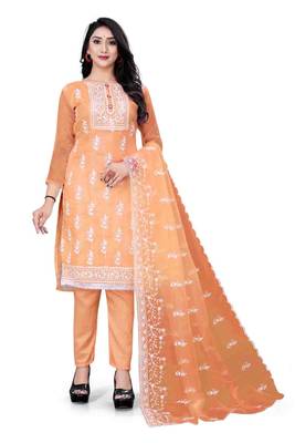 Manvaa Women'S AWSOME Maroon And Orange Color Organza Combo Dress Material 3