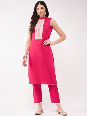 Pannkh women's festive solid sleeveless kurti with lace yoke and matching pant set 1