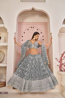 Mesmerizing Grey Butterfly Net White Cotton Thread Zari Sandwich Sequence Work Lehenga Choli For Wedding 1