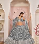 Mesmerizing Grey Butterfly Net White Cotton Thread Zari Sandwich Sequence Work Lehenga Choli For Wedding