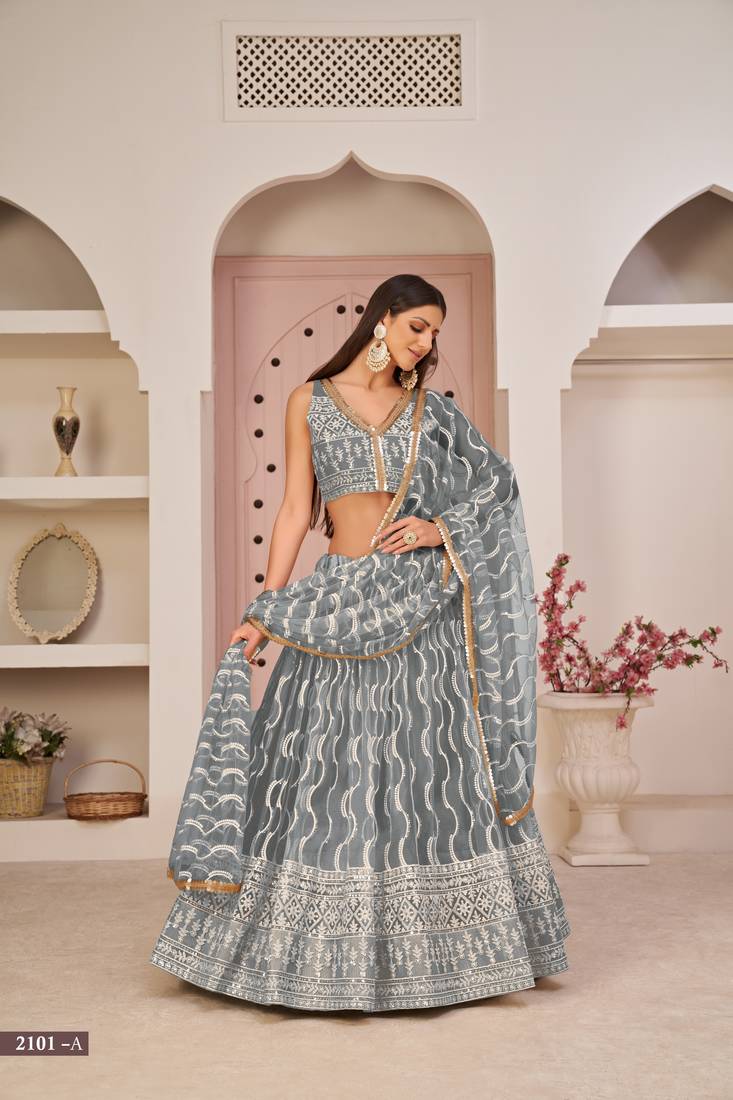 Mesmerizing Grey Butterfly Net White Cotton Thread Zari Sandwich Sequence Work Lehenga Choli For Wedding